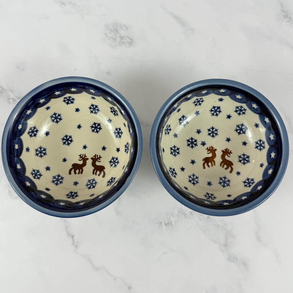 VTG PAIR (2) Ceramica Wiza Hand Made Poland Snowflake Reindeer Bowls